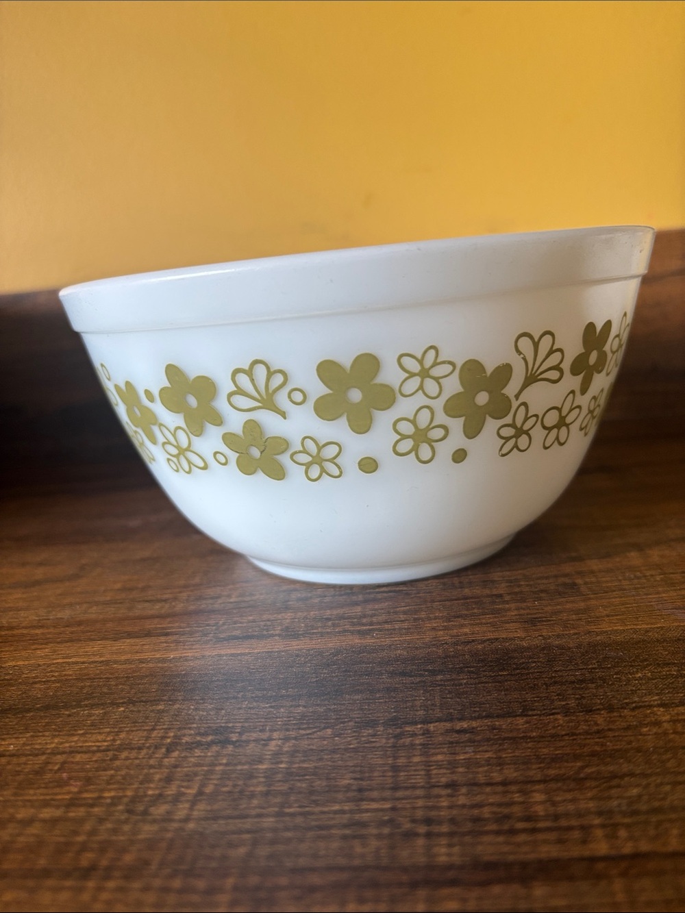 Vintage White Glass Mixing Bowl with Olive Green Floral Pattern